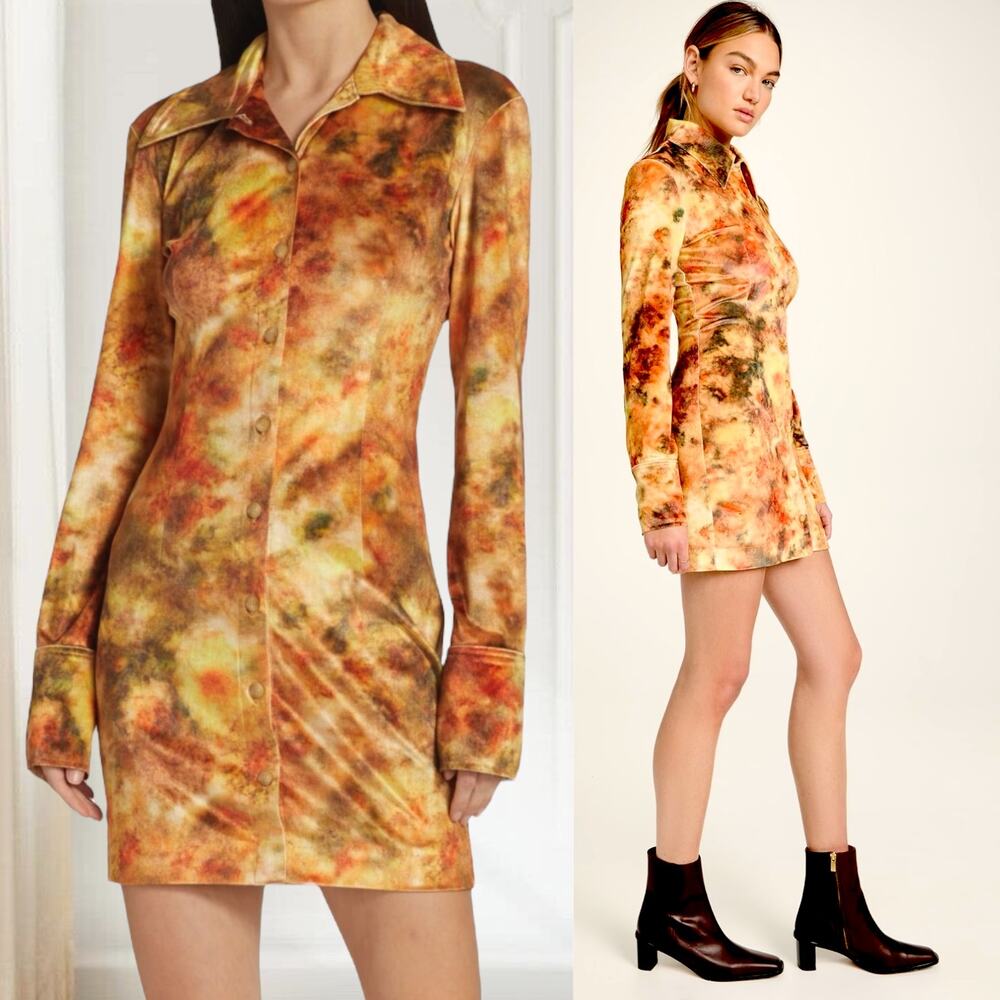 NANUSHKA Romee Shirt Dress Velvet Watercolor Orange Floral Button Front Chic XL